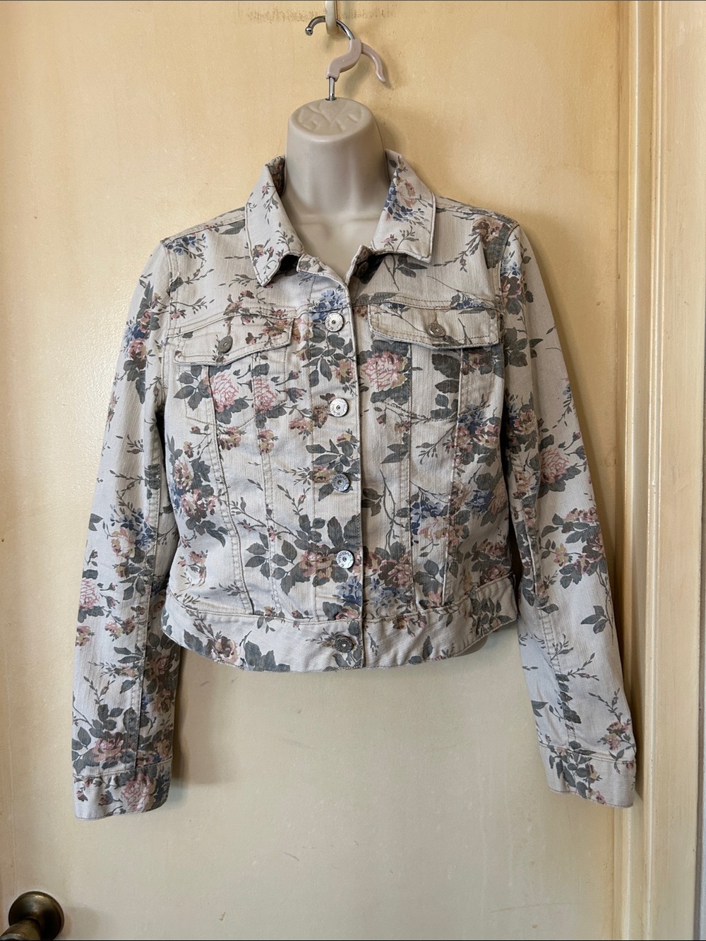 Almost Famous Floral Cropped Denim Jacket - Cream with Pink & Green Accents XL